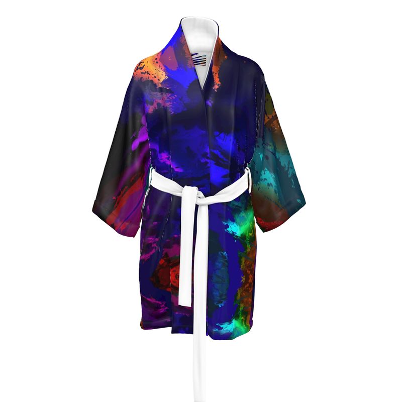 "Rainbow Color Explosion" 100% Silk Satin Kimono