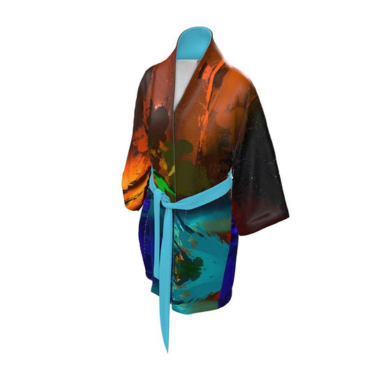 "Subtle Rainbow Color Explosion" 100% Silk Satin Kimono