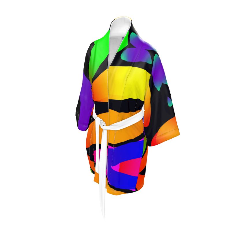 "Butterfly Rainbow" 100% Silk Satin Kimono