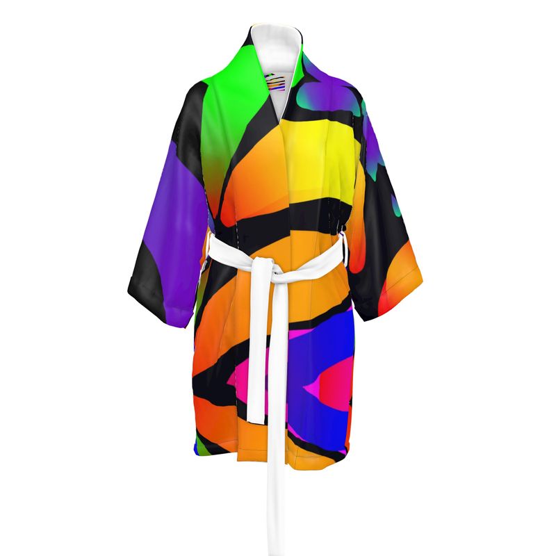 "Butterfly Rainbow" 100% Silk Satin Kimono