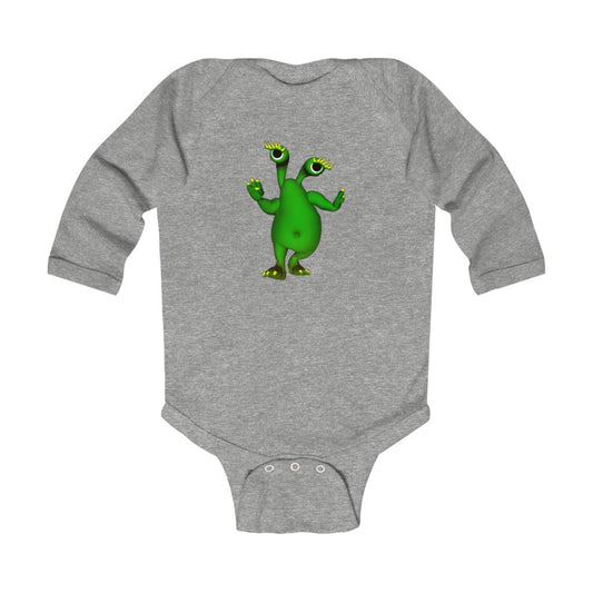 Green Alien Infant Long Sleeve Bodysuit. Exclusive designs and art by ZandyXR, created in Virtual Reality.