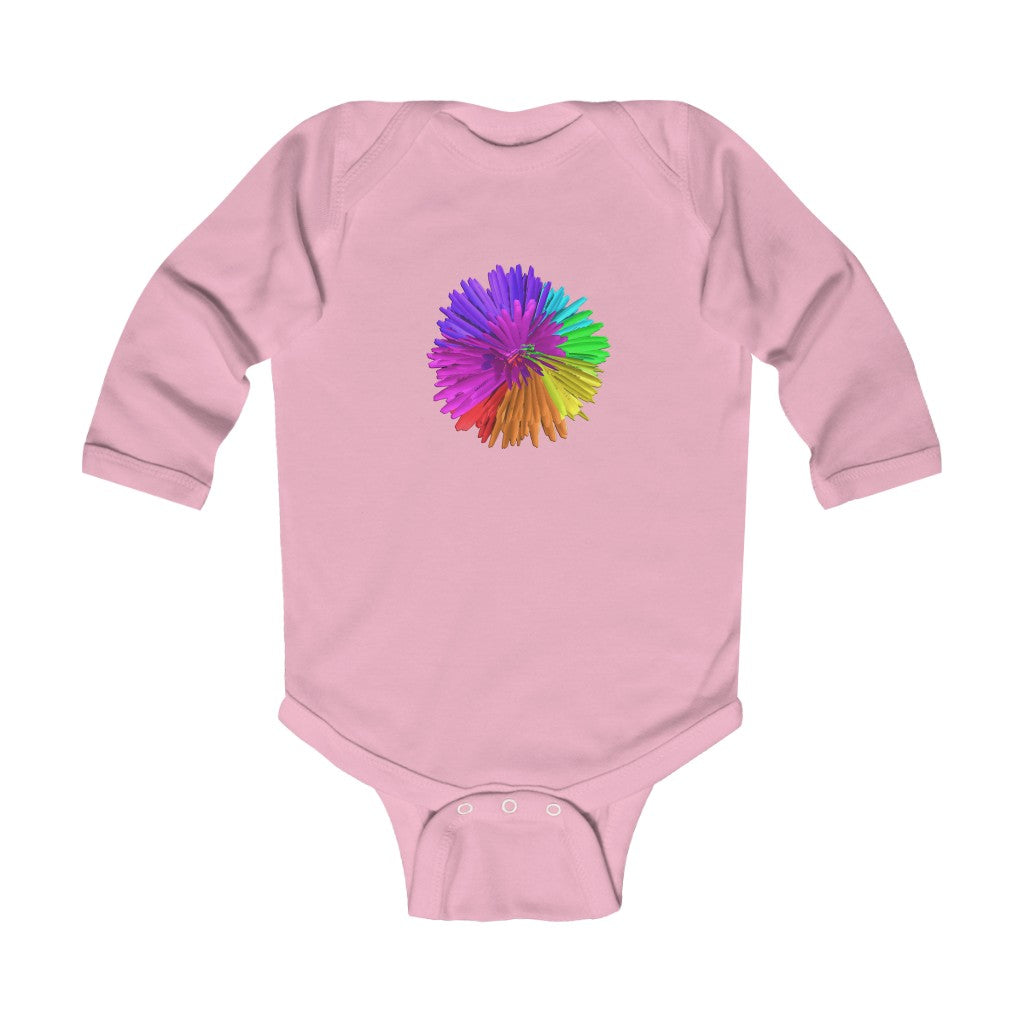 Rainbow Chrysanthemum Infant Long Sleeve Bodysuit. Exclusive designs and art by ZandyXR, created in Virtual Reality.